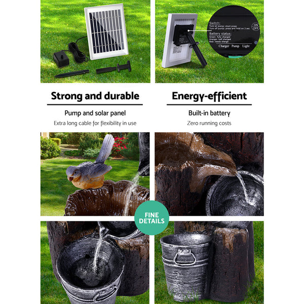 Gardeon Solar Water Feature Cascading Fountain 3 Tier Bucket Led Light Bird 76Cm Outdoor Fountains