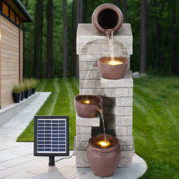 Gardeon Solar Fountain Water Feature Pot Outdoor Indoor 4 Tier Cascading Brown Fountains