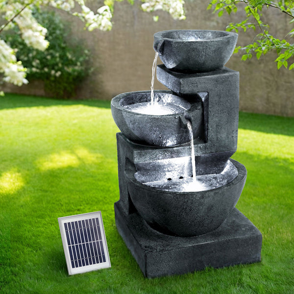 Gardeon Solar Water Feature Cascading Fountain 3 Tier Bowl Led Lights 60Cm Blue Outdoor Fountains