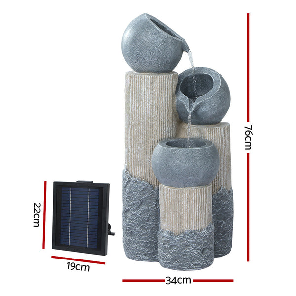Gardeon Solar Water Feature Cascading Fountain 3 Tier Pot Led Lights 76Cm Grey Outdoor Fountains
