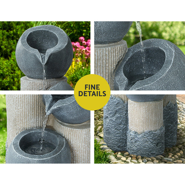 Gardeon Solar Water Feature Cascading Fountain 3 Tier Pot Led Lights 76Cm Grey Outdoor Fountains