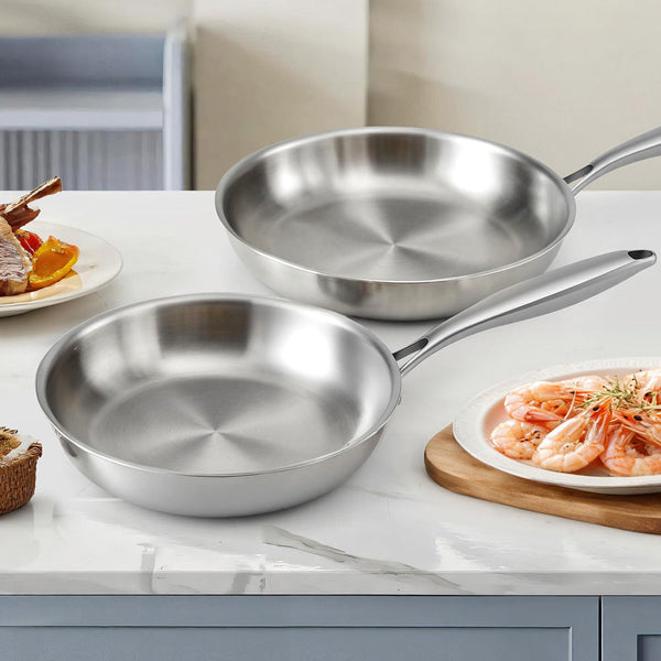 5 Star Chef Frying Pan Stainless Steel Uncoated Twin Frypan Set 25/30Cm Silver Frying & Grill Pans