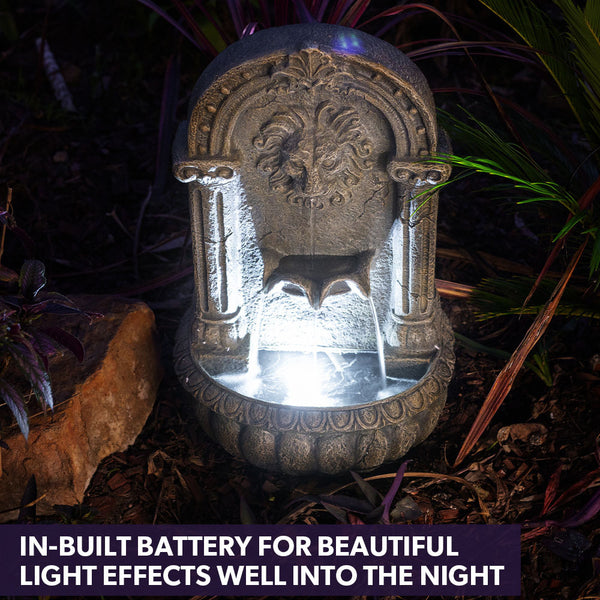 Protege Lion Head Solar Powered Water Feature Fountain Traditional Design With Panel Kit Led Lights Outdoor Fountains