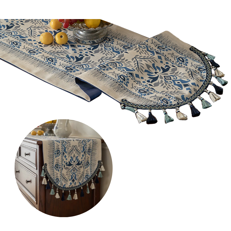 Elosung Blue Bohemian Tassel Table Runner 40X180cm Decorative Linen Table Runners