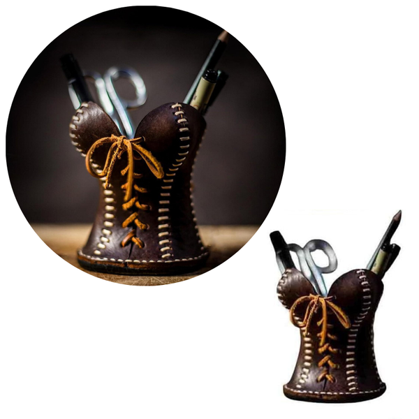 Elosung Brown Leather Corset Pencil Holder Handmade Desktop Organizer Pencil Cases