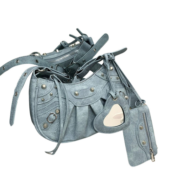 Elosung Blue Rivet Crescent Moon Bag With Card Holder & Mirror French Retro Pu Leather Shoulder Crossbody Motorcycle For Women Women's Bags & Handbags