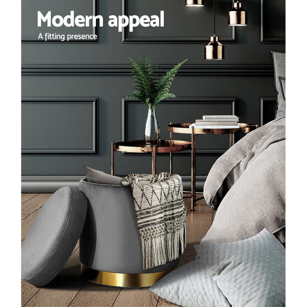 Artiss Ottoman Storage Foot Stool Round Velvet Charcoal Ottomans Footstools & Poufs