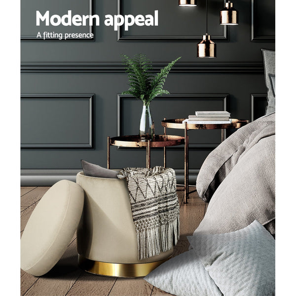 Velvet Storage Ottoman Footstool Cream With Sturdy Frame And Floor Protection Ottomans Footstools & Poufs