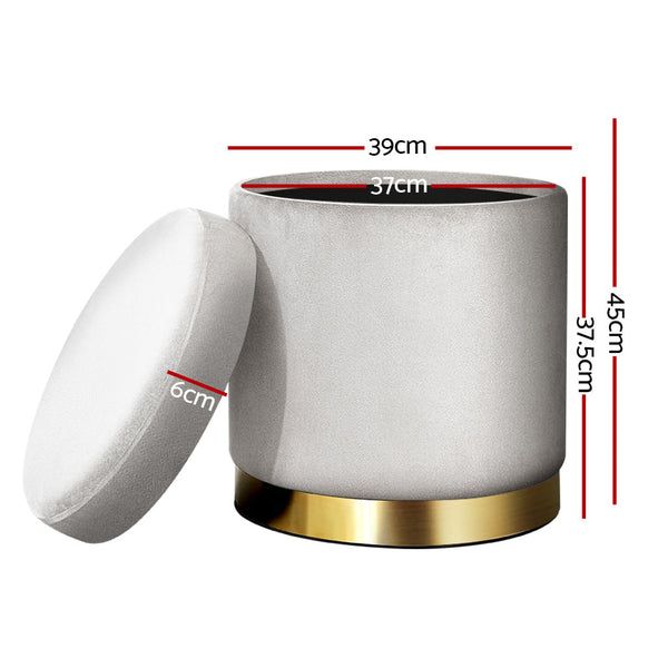 Artiss Ottoman Storage Foot Stool Round Velvet Grey Ottomans Footstools & Poufs