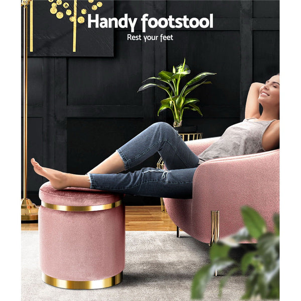 Velvet Ottoman Footstool Round Pink With Stainless Steel Rings Home Furniture Ottomans Footstools & Poufs