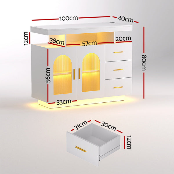 Artiss Buffet Sideboard Cabinet Led Clear Door Kitchen Storage Drawers White Sideboards & Buffets