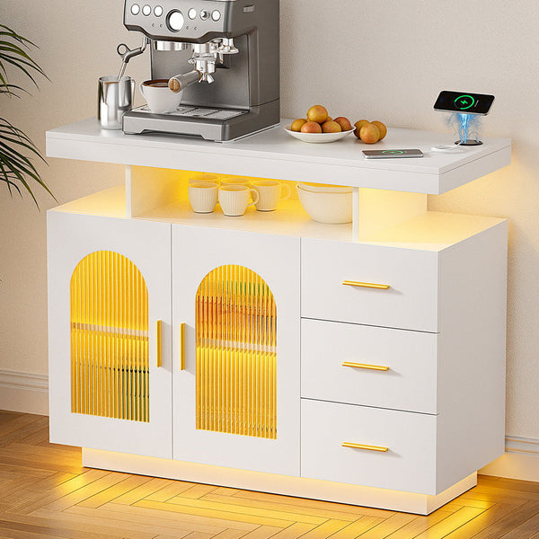 Artiss Buffet Sideboard Cabinet Led Clear Door Kitchen Storage Drawers White Sideboards & Buffets
