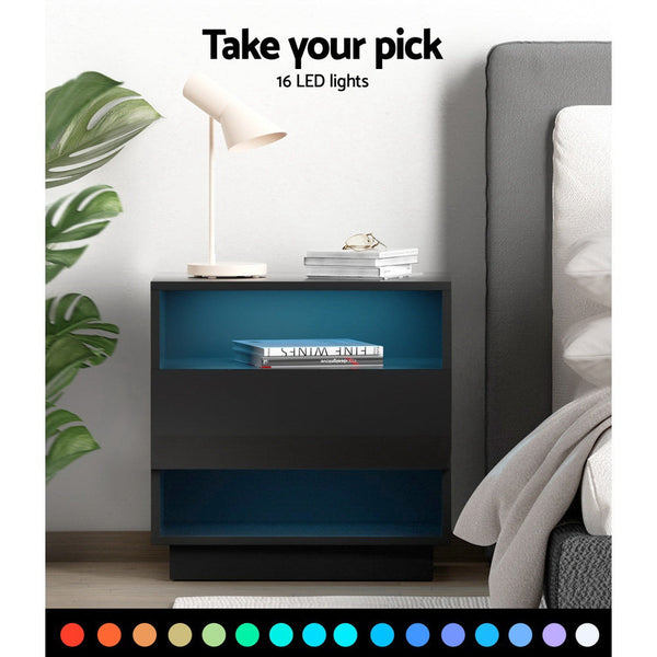 Artiss Bedside Table Led With 2 Shelves Hana Black Bedside Tables