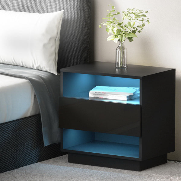 Artiss Bedside Table Led With 2 Shelves Hana Black Bedside Tables