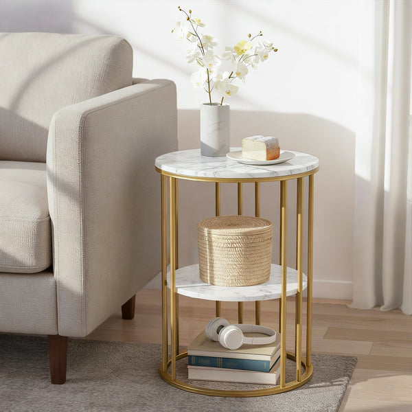 Artiss Coffee Table 2 Tier Round Marble Effect White&Gold Coffee Tables
