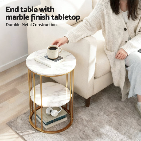 Artiss Coffee Table 2 Tier Round Marble Effect White&Gold Coffee Tables