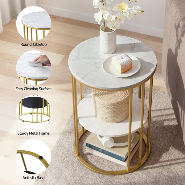 Artiss Coffee Table 2 Tier Round Marble Effect White&Gold Coffee Tables