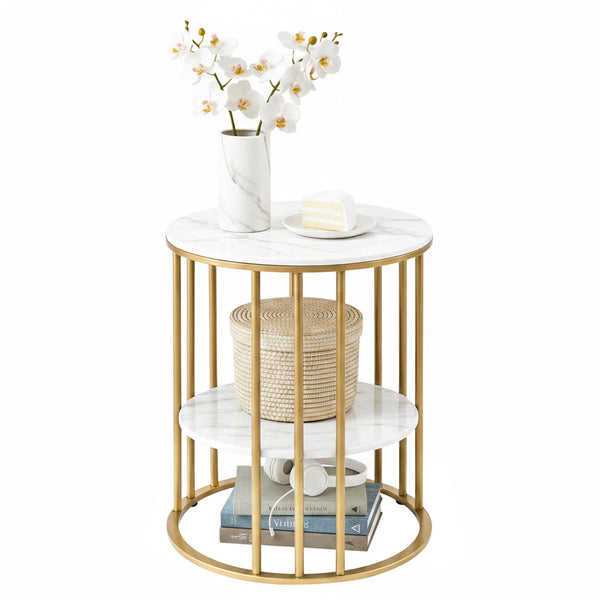 Artiss Coffee Table 2 Tier Round Marble Effect White&Gold Coffee Tables