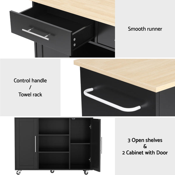 Artiss Kitchen Island Trolley Rolling Serving Cart Storage Drawer Cabinet 100Cm Black Kitchen Carts