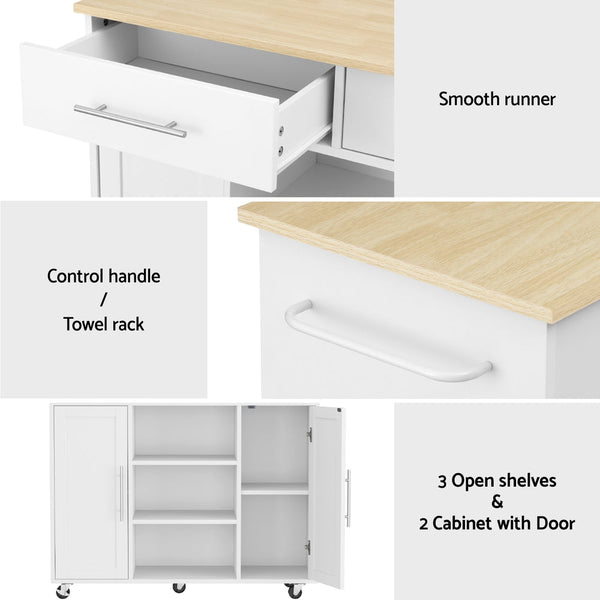 Artiss Kitchen Island Trolley Rolling Serving Cart Storage Drawer Cabinet 100Cm White Kitchen Carts