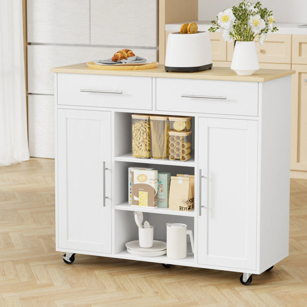 Artiss Kitchen Island Trolley Rolling Serving Cart Storage Drawer Cabinet 100Cm White Kitchen Carts