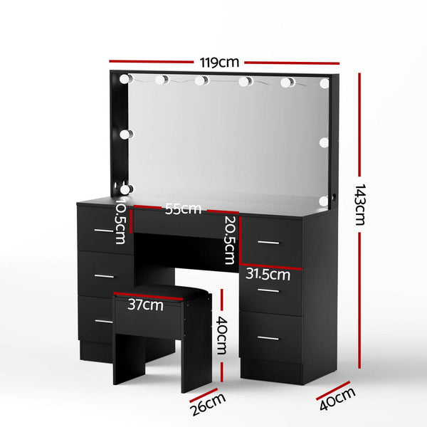 Artiss Dressing Table Vanity Desk Set Stool 10 Led Bulbs Black Dressing Tables