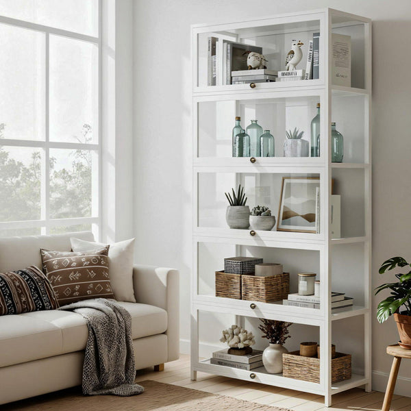 Artiss 5 Tier Display Cabinet Storage Bookshelf Clear Shelf White Bookshelves