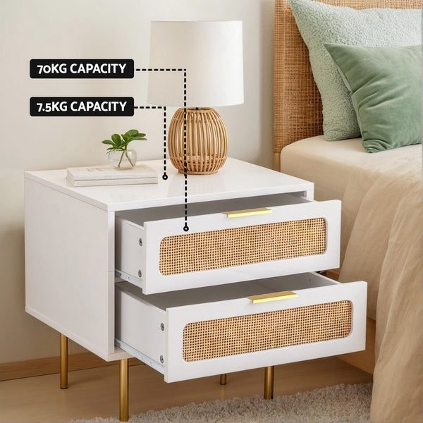 Artiss Rattan Bedside Table 2 Drawers Pine Bedside Tables