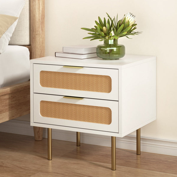 Artiss Rattan Bedside Table 2 Drawers Pine Bedside Tables