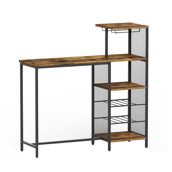 Artiss Industrial Bar Table With Wine Rack Cup Holder Multi Level Storage 122Cm Walnut Bar Tables