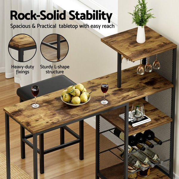 Artiss Industrial Bar Table With Wine Rack Cup Holder Multi Level Storage 122Cm Walnut Bar Tables
