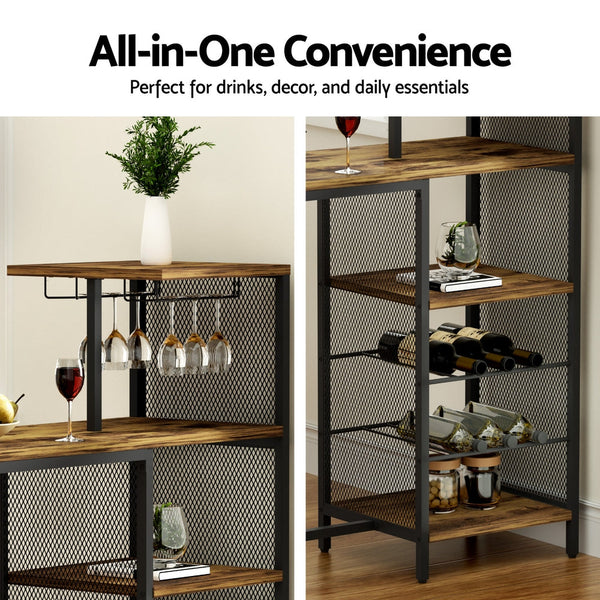 Artiss Industrial Bar Table With Wine Rack Cup Holder Multi Level Storage 122Cm Walnut Bar Tables