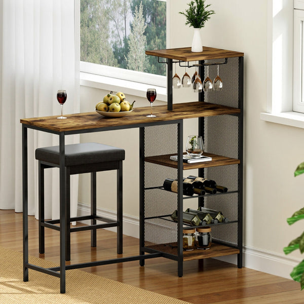 Artiss Industrial Bar Table With Wine Rack Cup Holder Multi Level Storage 122Cm Walnut Bar Tables