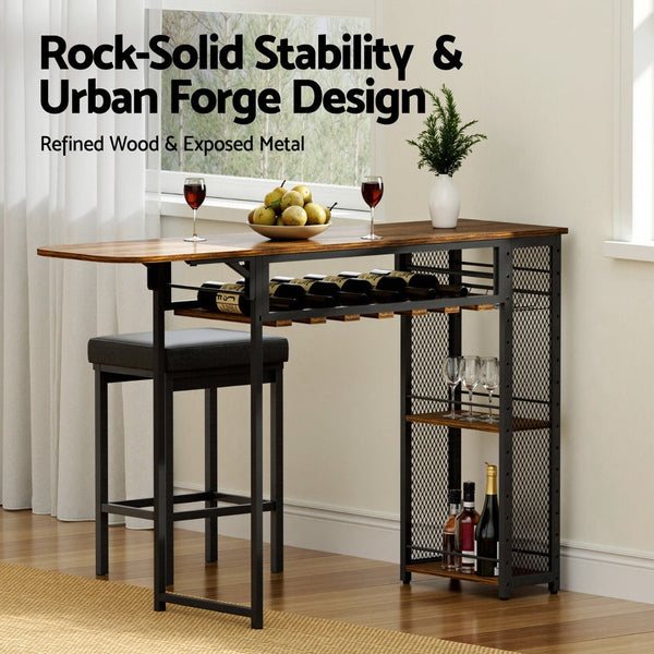 Artiss Industrial Bar Table With Wine Rack Built Cup Holder Extendable 140Cm Bar Tables