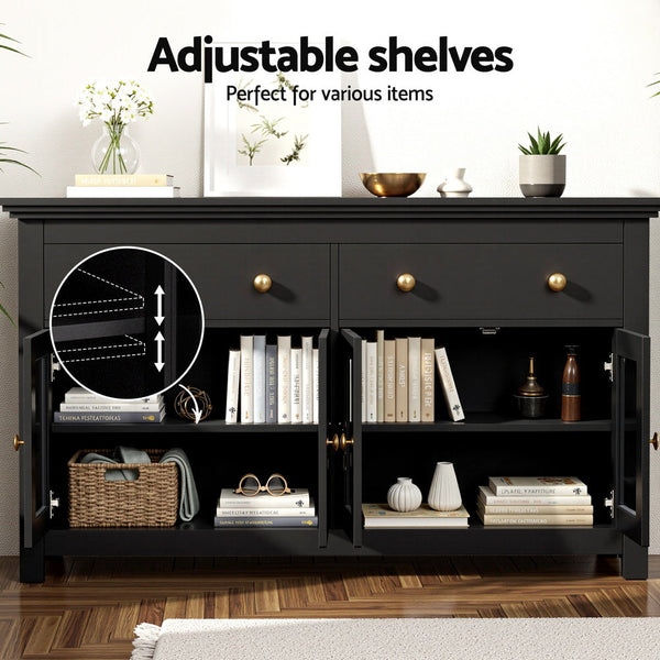 Artiss Buffet Sideboard Storage Cabinet Kitchen Cupboard Clear Door Drawer Black Sideboards & Buffets
