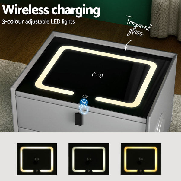 Artiss Smart Bedside Table With Wireless Charging Aika Grey Bedside Tables