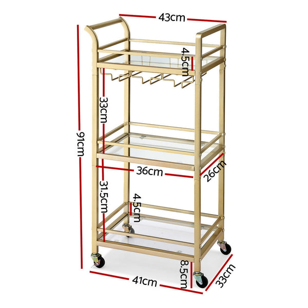 Artiss Kitchen Island Cart Trolley Rolling Serving Storage Wine Glass 43Cm Gold Kitchen Carts
