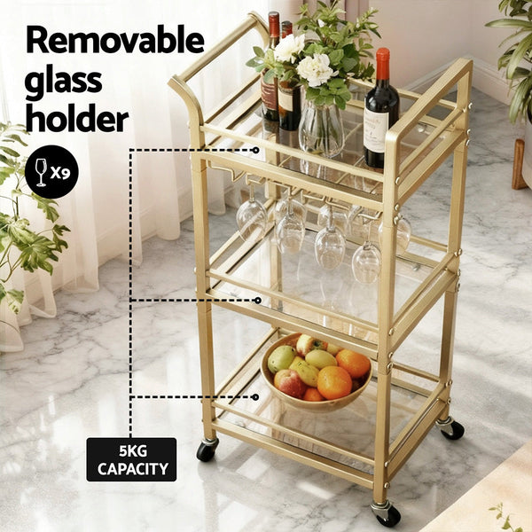 Artiss Kitchen Island Cart Trolley Rolling Serving Storage Wine Glass 43Cm Gold Kitchen Carts