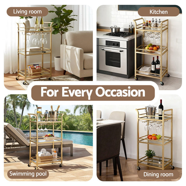 Artiss Kitchen Island Cart Trolley Rolling Serving Storage Wine Glass 43Cm Gold Kitchen Carts