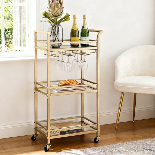 Artiss Kitchen Island Cart Trolley Rolling Serving Storage Wine Glass 43Cm Gold Kitchen Carts