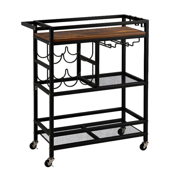 Artiss Bar Cart With Wine Rack And Glass Holder 72Cm Black Walnut Racks