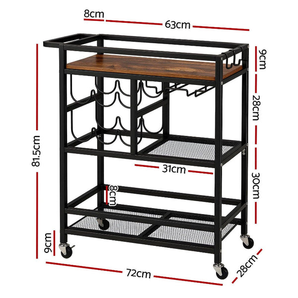 Artiss Bar Cart With Wine Rack And Glass Holder 72Cm Black Walnut Racks