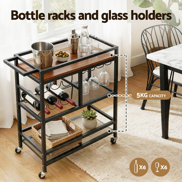 Artiss Bar Cart With Wine Rack And Glass Holder 72Cm Black Walnut Racks