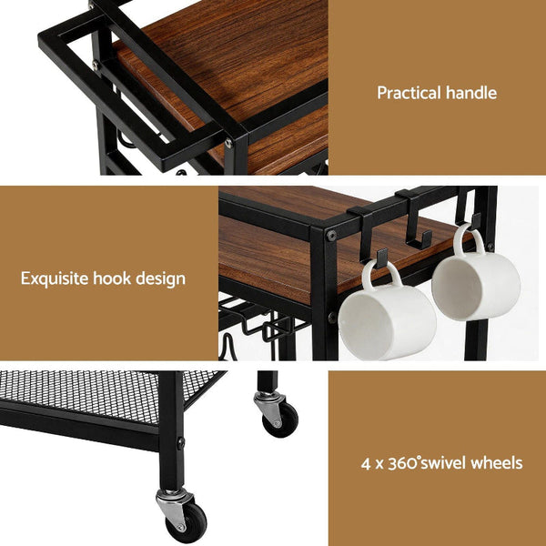 Artiss Bar Cart With Wine Rack And Glass Holder 72Cm Black Walnut Racks