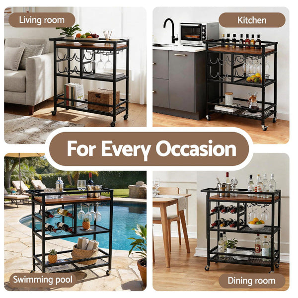 Artiss Bar Cart With Wine Rack And Glass Holder 72Cm Black Walnut Racks