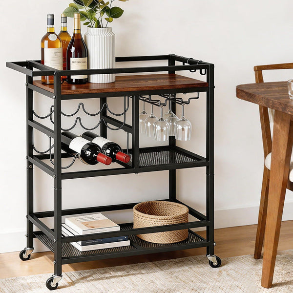 Artiss Bar Cart With Wine Rack And Glass Holder 72Cm Black Walnut Racks