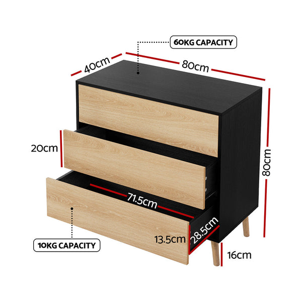 Artiss 3 Chest Of Drawers Dresser Table Black&Pine Dressers & Chests Of Drawers