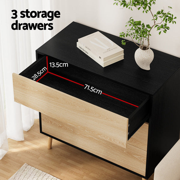 Artiss 3 Chest Of Drawers Dresser Table Black&Pine Dressers & Chests Of Drawers