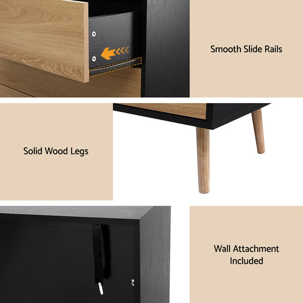 Artiss 3 Chest Of Drawers Dresser Table Black&Pine Dressers & Chests Of Drawers