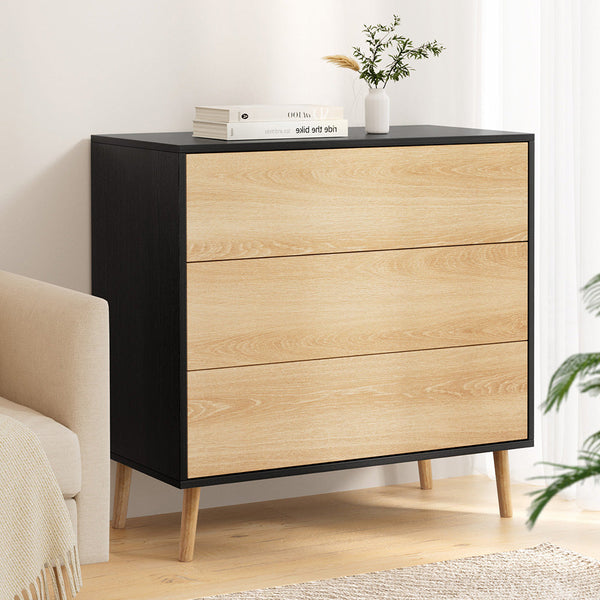 Artiss 3 Chest Of Drawers Dresser Table Black&Pine Dressers & Chests Of Drawers